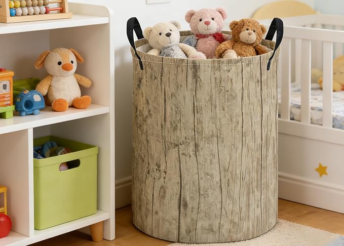 ESSME Kids Laundry Basket,Wood Hamper Collapsible Canvas Waterproof Storage Bin for Boys, Cute Hamper,Gift Baskets(Wood grain)