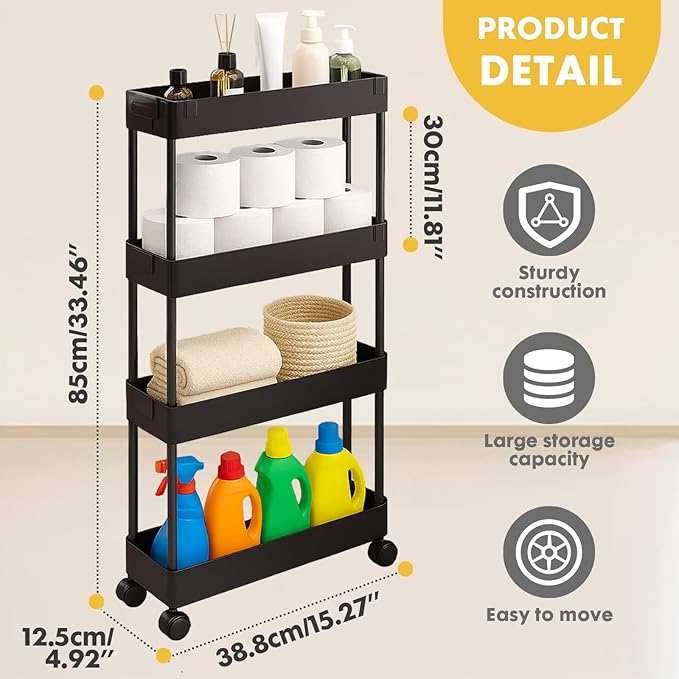 ShellKingdom 4 Tier Bathroom Storage Organizer, Slim Rolling Storage Cart for Narrow Space, Mobile Shelving Unit with Lockable Wheels and Hooks for Bathroom, Kitchen, Laundry Movable Shelf (Black)