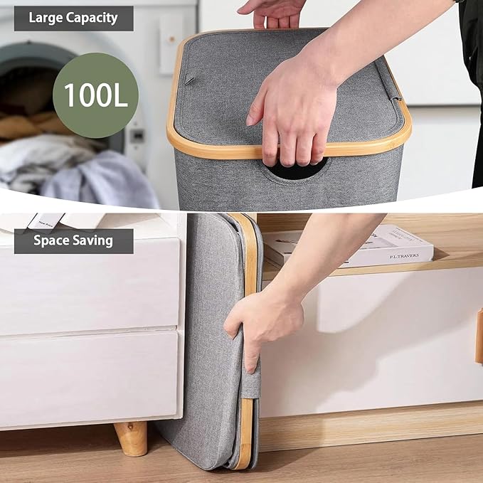 100L Laundry Basket with Lid, Clothes Hampers for Laundry with Bamboo Handles Large Foldable Laundry Hamper with Removable Inner Bag for Laundry Room, Bathroom, Bedroom and Dorm - Grey