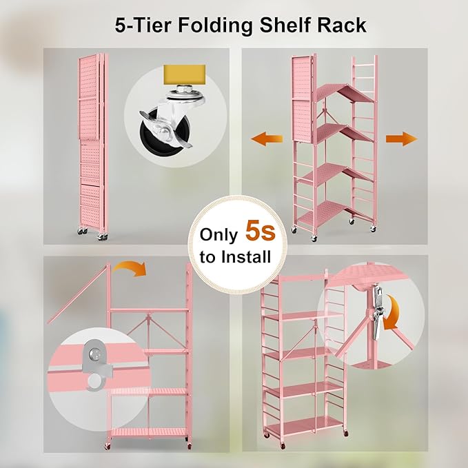 Himix Storage Shelves with 20 Hooks, 5-Tier Foldable Shelves for Storage, Folding Shelf Unit Pantry Shelves with Wheels, Standing Shelving Unit for Kitchen Garage Home Office Room Greenhouse, Pink