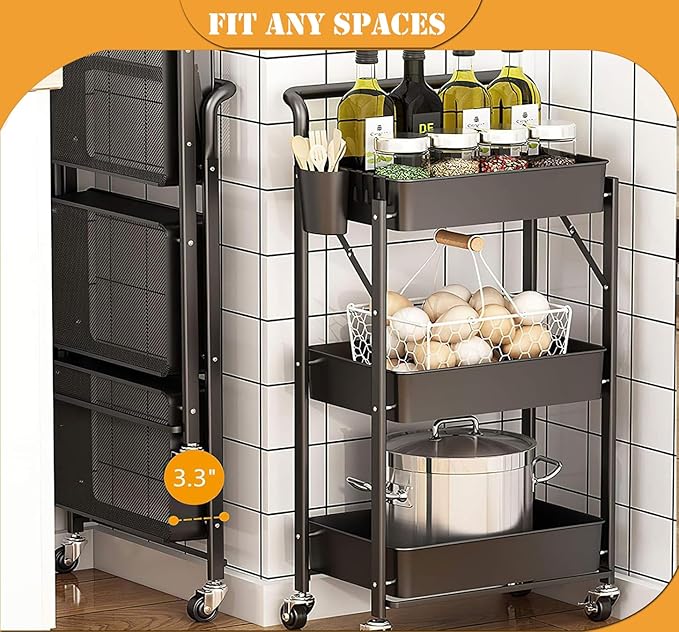 Foldable Rolling Cart 3 Tier Utility Storage Cart No Assembly Metal Heavy Duty Kitchen Carts Folding on Wheels Trolley Organizer Cart with Cup and Hooks for Office/Classroom/Dorm(Black)