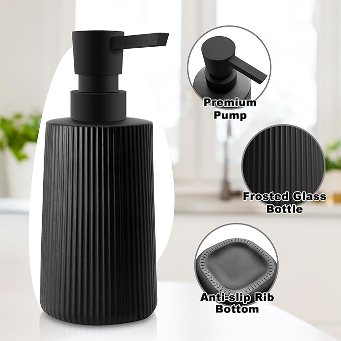 Glass Soap Dispenser for Bathroom, 250ml/8.5oz Dish Soap Dispenser with Pump for Kitchen, Modern Minimalist Stripe Style Hand Soap Dispenser, Small Refillable Soap Dispenser (Black 1pc)