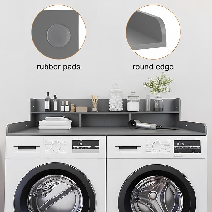Washer Dryer Countertop with Shelf, 2-Tier Laundry Countertop Over Washer and Dryer, 54" x 27.55" Wooden Table for Folding Clothes for Laundry Room Organization and Storage (Gray)