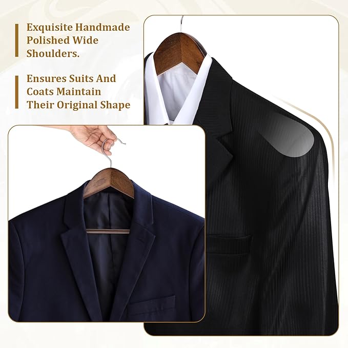Wooden Suit Hangers 10 Pack Wide Shoulder Wooden Suit Coat Hangers with Non Slip Pants Bar Premium Wood Hanger with 360 Degree Swivel Hooks for Sweater, Pants, Heavy Clothes, Walnut