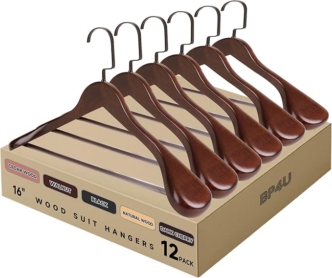 16-Inch Wooden Suit Hangers with Non Slip Pants Bar, 12-Pack Wood Extra-Wide Shoulder Hangers, Flat-Head Hook Hangers for Suits, Coats, Jackets, Shirts, Pants, and Heavy Clothes (Walnut)