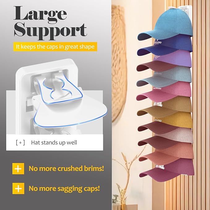 Hat Organizer for Baseball Caps 1 Pack, Adhesive Hat Rack for Wall, Baseball Cap Organizer (White)