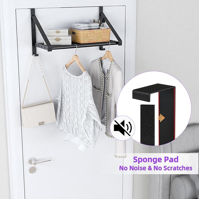 Over The Door Clothes Hanger with 2 Hooks, Stainless Steel Over The Door Hangers for Clothes with Storage Rack, Clothing Hanger Drying Racks for Laundry, Washroom, Fits Door Up to 1.77", Matte Black