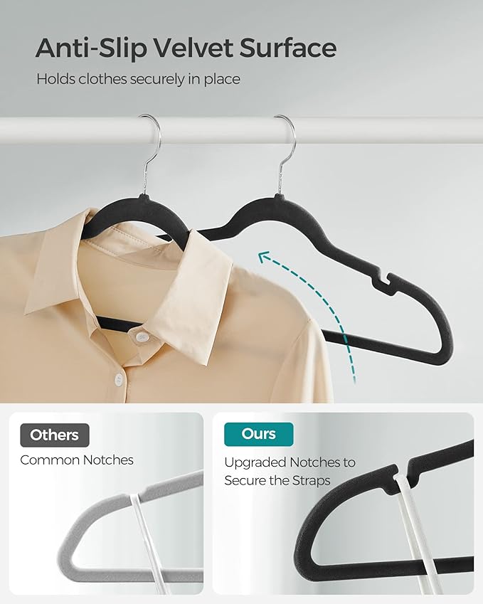 SONGMICS Velvet Hangers 20 Pack, Non-Slip Clothes Hangers with Shoulder Notches, Pants Bar, 360° Swivel Hook, Space-Saving, for Closet, Ink Black UCRF029B02