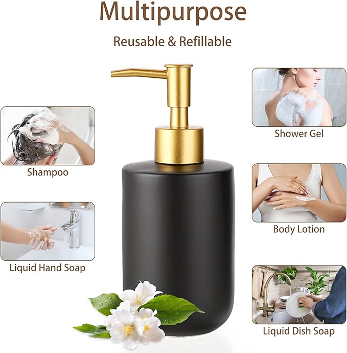 Sumnacon Soap Dispenser Bathroom Ceramic Hand Soap Dispenser with Pump, Elegant Dish Soap Dispensers for Kitchen Decorative Black Hand Dispenser for Kichen Sink Bathroom Countertop