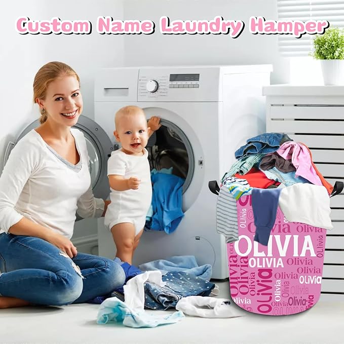 Personalized Laundry Hamper Custom Kids Dirty Clothes Hamper with Name Storage Basket for Bathroom Bedrooms Nursery for Baby Girls Boys Adults (Style-Name)