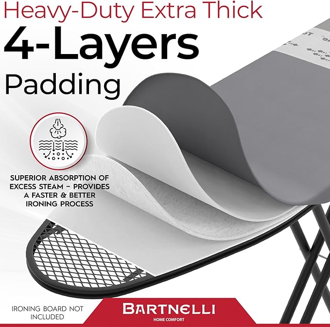 Bartnelli Ironing Board Cover and Pad, Made in Europe with New Patent Technology | 54x15 Iron Board Replacement Cover Featuring Park & Turbo Zone, Scorch Resistant 100% Cotton Thick Layered Top
