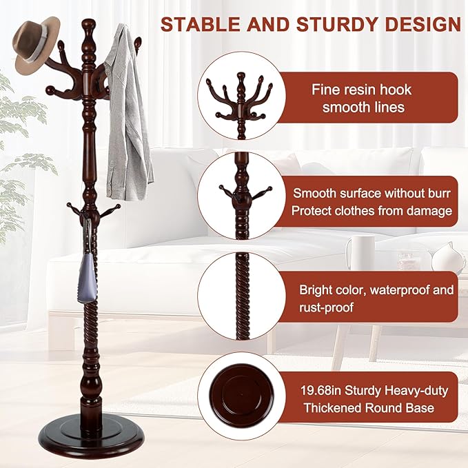Wooden Coat rack freestanding, Coat racks stand with 11 Hook, Heavy duty coat tree standing 2 Adjustable Heights for Bedroom, Entryway, Hallway, Office,Stury Base (Brown disc)