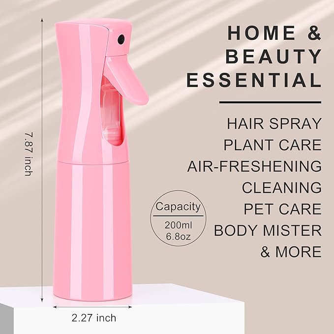 (Pink Hair Mister Spray Bottle，Spray Water Bottle Fine Mist Refillable Plants（6.8OZ /200ML） Barber，Showering Pets, Plants, travel, Ironing and Cleaning ﻿ ﻿ ﻿(Continuous Spray)