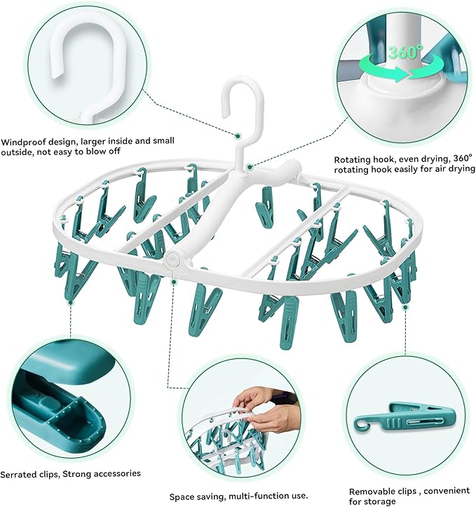 Premium Plastic PP Drying Hanger, Anti-Rusty Drying Rack for Clothes, Socks, Lingeries, Delicates, Drying Hanger with 24 Clips for Baby Clothes, Towels