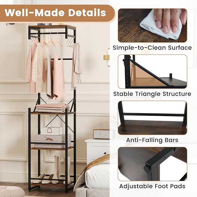 Tangkula Industrial Narrow Coat Rack Freestanding, Slim Hall Tree with 4 Storage Shelves, 6 Hooks & 3 Hanging Rods, Heavy-Duty Metal Clothes Rack Stand Organizer for Entryway, Hallway, Bedroom