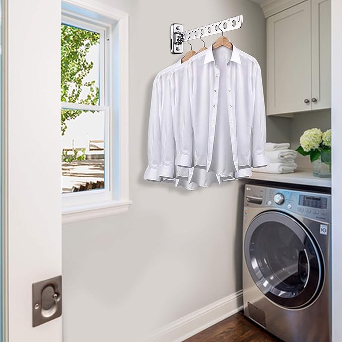 Wall Mounted Clothes Drying Rack 2 Pack, Laundry Hanger Dryer Rack Stainless Steel Folding Clothes Hanger Organizer for Laundry Room, Retractable Wall Hanger Space Saving Drying Rack for Clothes