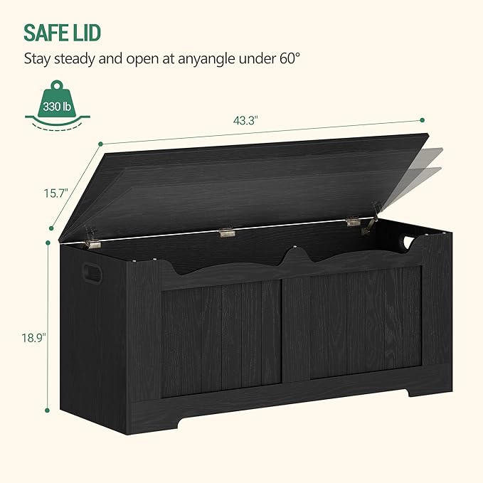 43.3" Storage Chest, Extra Large Storage Bench Trunk with 2 Hinges, Wooden Box, Lift-Top Chest Organizer, Shoe Bench for Entryway, Bedroom, Living Room, Black SB25504X
