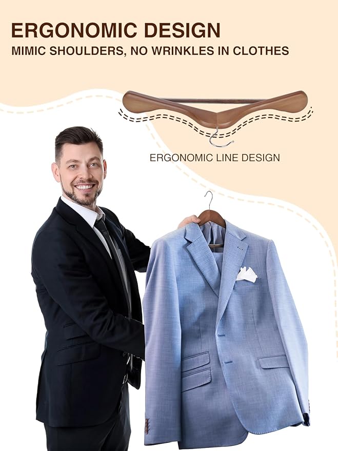SMARTOR Suit Hangers for Men 12 Pack, Wide Shoulder Wooden Suit Hangers with Non Slip Pants Holder, Wide Hanger for Suit, Coat, Jacket, Gown, Heavy Duty Wood Suit Hanger, Walnut