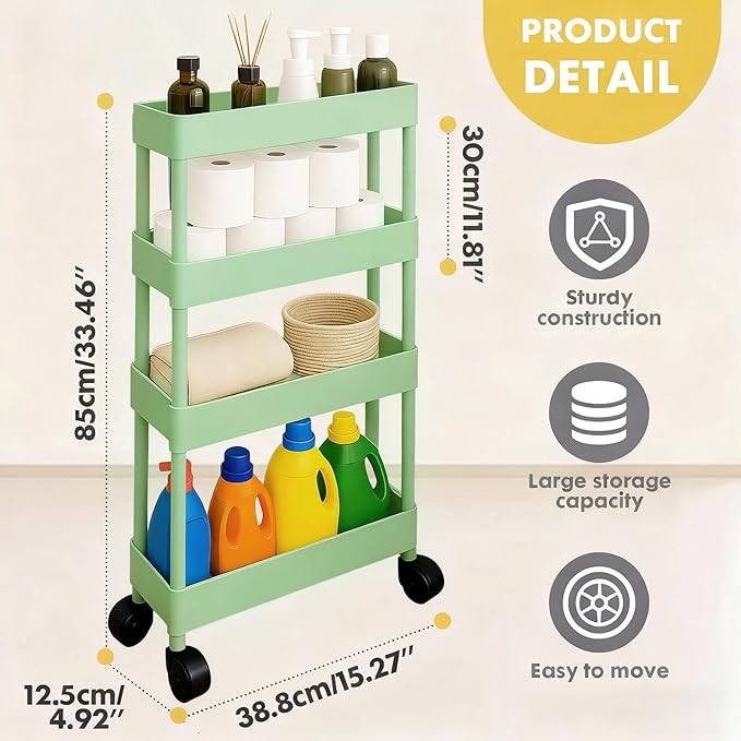 ShellKingdom 4 Tier Bathroom Storage Organizer, Slim Rolling Storage Cart for Narrow Space, Mobile Shelving Unit with Lockable Wheels and Hooks for Bathroom, Kitchen, Laundry Movable Shelf (Green)