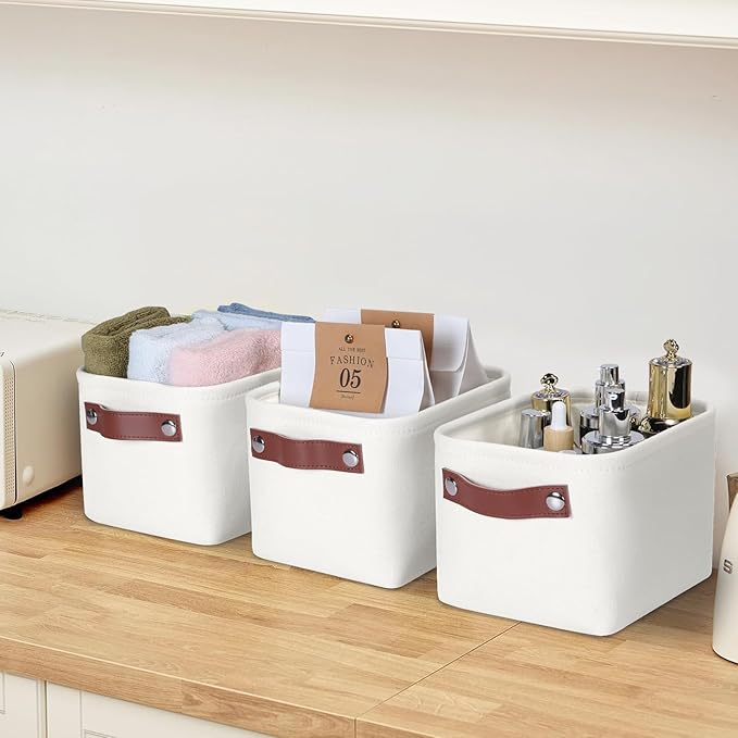 Kntiwiwo Small Fabric Storage Bins, 7.8x6.7x5.9 inch Mini Storage Cubes 4-Pack Storage Basket for Makeup Collapsible Fabric Storage Organizer with Handles, Decorative Basket for Desk, Shelves, White