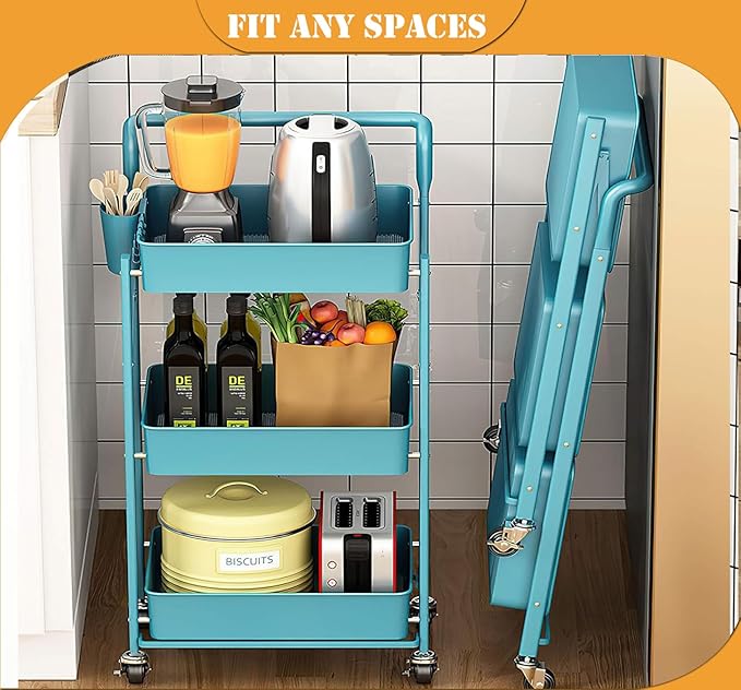 Foldable Utility Rolling Cart with Wheels No Assembly 3 Tier Metal Rolling Cart with Cup and Hooks Heavy Duty Mesh Storage Baskets Rack Folding Shelves for Kitchen,Office,Classroom, Bathroom(Teal)