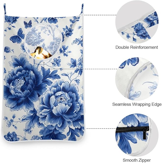 Blue and White Peony Flowers Butterfly Hanging Laundry Hamper Door Hampers Bag Basket with Stainless Steel Hooks Oxford Fabric Printing Decorative Clothes Bags 29.5X20inch 2Pack