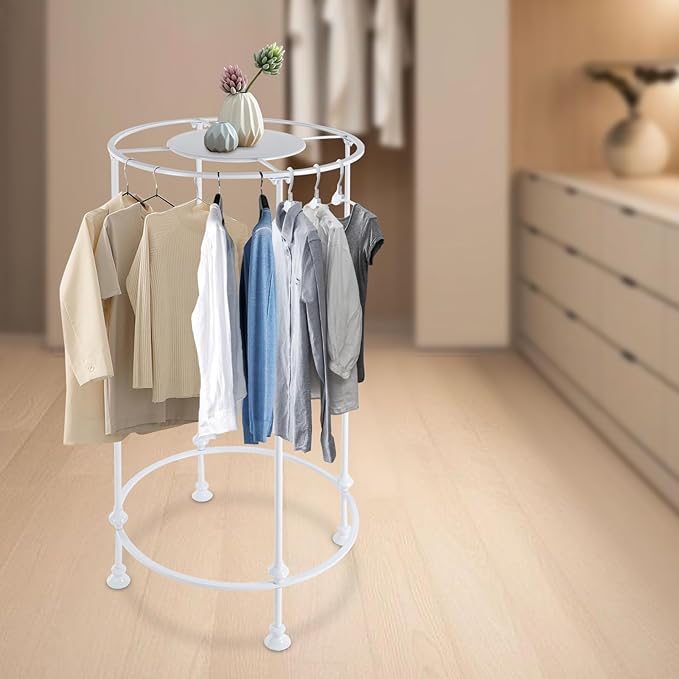 YIYIBYUS Round Garment Rack, Floor Standing Iron clothes Hanging Rack with Topper, Suitable for Large Shopping Malls Retail, Clothes Boutique Display Laundry Rooms (White)