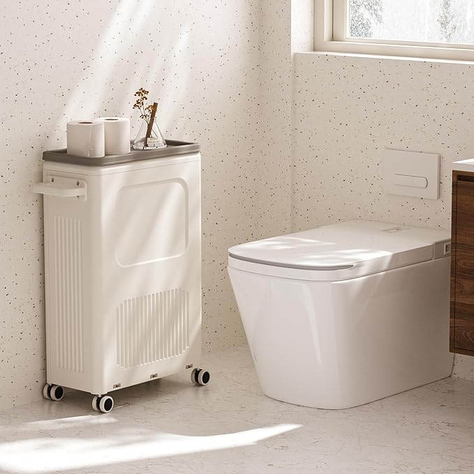 HAIXIN HOME Slim Laundry Hamper with Lid, 50L Plastic Tall Laundry Basket with Wheels, Compact Size for Narrow Space, Rolling Laundry Cart with Handle for Easy Transport to Laundry Room