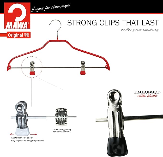 Mawa by Reston Lloyd Silhouette Series Non Slip Space Saving Hanger with Pant Clips, Style 40/FK,Set of 5, Red