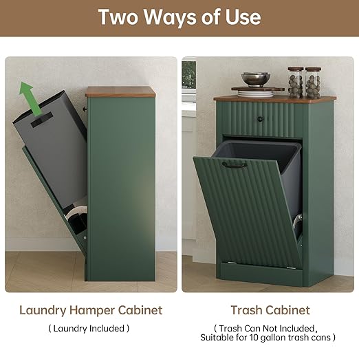 Fluted Tilt Out Laundry Hamper Cabinet, 10 Gallon Hidden Trash Can Cabinet, Wooden 2 in 1 Tilt Out Garbage Can for Kitchen, Bathroom (Green, Single)
