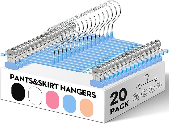 HUADYMEET 20 Pack 14Inch Pants Hangers with Wide Clips,Metal Trouser Hanger for Jeans.Space Saving Skirt Hangers Heavy Duty Non-Slip Adjustable Clothes Shorts Hanger for Women,Men,Sky Blue
