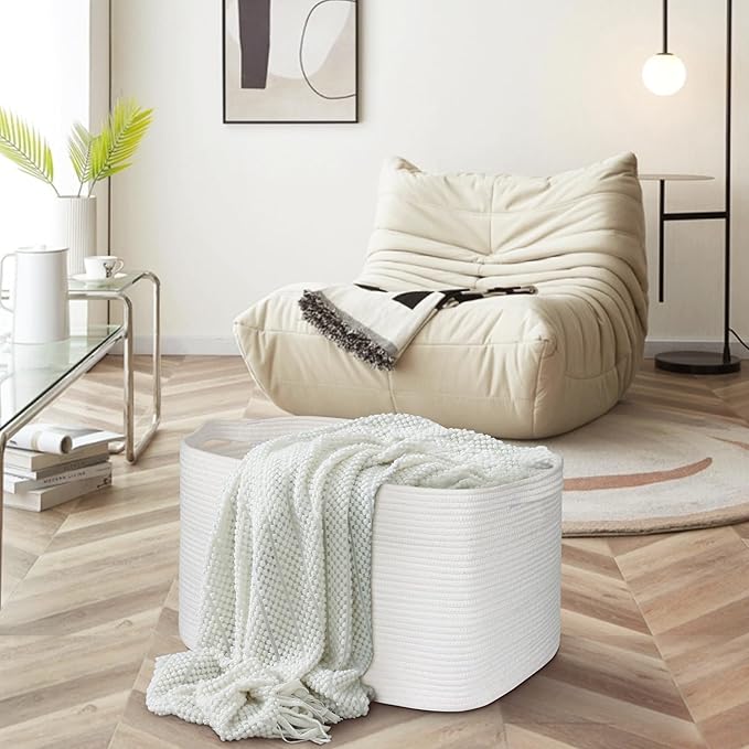 Extra Large White Storage Basket, 23.6" x 17" x 12" Rectangle Blanket Storage for Living Room, White Woven Cotton Rope Basket, Big Kids Toy Box Bin, XXXL Wicker Laundry Baskets for Organizing