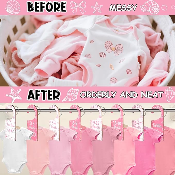 Baby Closet Dividers 8PCS, Pink Shell & Bows Themed Wooden Double-Sided Clothes Size Hanger/Organizer from Newborn to Toddler for Nursery Decor Baby Shower Birthday Party Gift