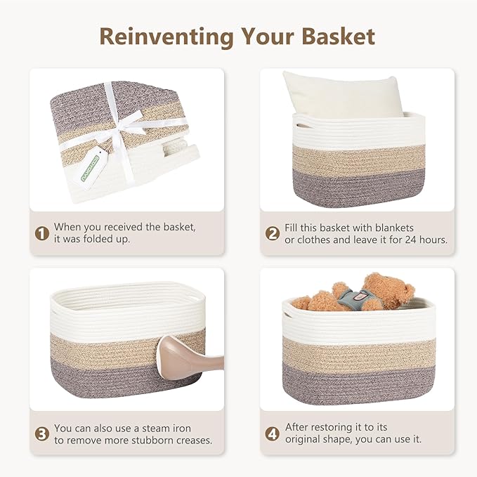 Cotton Rope Storage Basket, 15x10x9 Inches, Woven Basket for Shelves, Clothes, Towels, Books, and Laundry, White Brown (3 Pack)