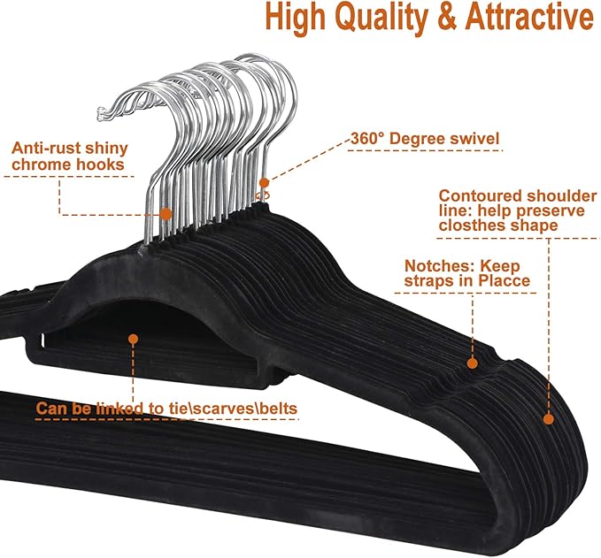 SUPER DEAL Velvet Hangers 100 Pack, Non-Slip Clothes Hangers with Tie Bar and Shoulder Notched Premium 360 Degree Swivel Hook for Coat Suit Pants Dress Closet Space Saving, Black