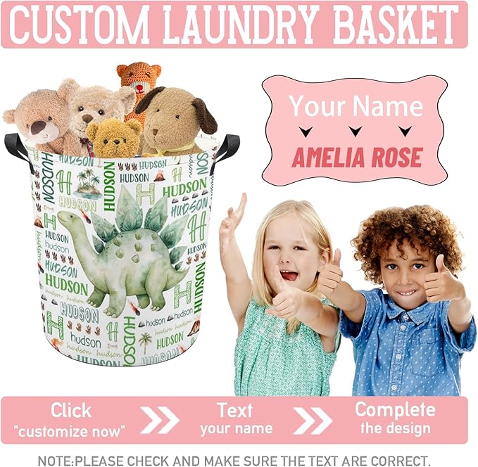 Dinosaur Laundry Basket,Custom Laundry Hamper with Name,Personalized Dinosaur Gifts for Boys Girls,Customize Collapsible Laundry Basket for Bedroom Bathroom,M-19.5"X 15.7"
