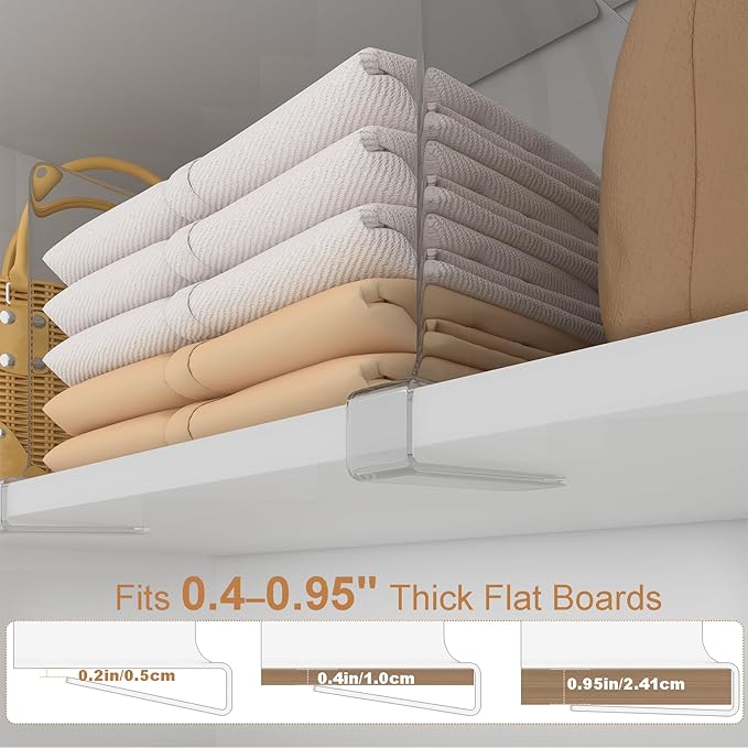 Clear Shelf Dividers for Closet Organization, Pack of 12, Acrylic Shelf Dividers, Closet Organizers and Storage, Purse Organizer, Fits Clothes Bag Towel, for Bedroom Kitchen Bookshelf