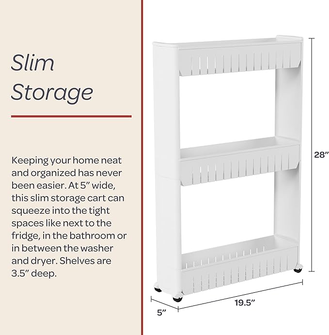 Lavish Home 3 Tier Shelf Rolling Cart - Narrow-Space Kitchen or Bathroom Shelf Organizer Cart - Slim Slide-Out Storage Shelves for Kitchen, Bathroom, Laundry and Pantry