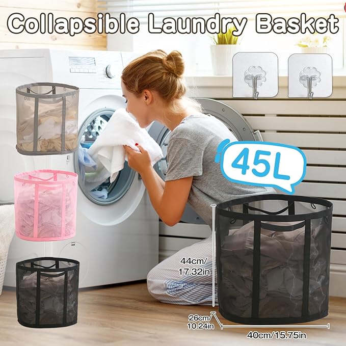 Collapsible Laundry Basket, Mesh Bag with Handles, Foldable Laundry Bag, Breathable Folding Beach Bag,Space-saving Tote Bags for Laundry, Bathroom, Dorm or Travel (Gray, 45L)