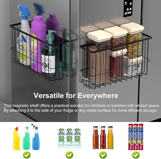Magnetic Refrigerator Baskets, Fridge Spice Rack Organizer with Hooks, Strong Magnet Metal Hanging Wire Storage Basket Storage Bin Box Container for Pegboard /Refrigerator/Whiteboard/Locker-Black