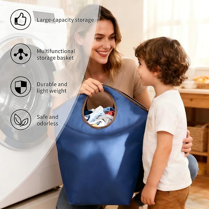 Foldable Storage Hamper Bag with Soft Padded Handle, 17.7x17x9.5inch Multi-Purpose Oxford Fabric Laundry Basket, Collapsible Storage Bag for Home, Bedroom, Dormitory, Travel & Outdoor