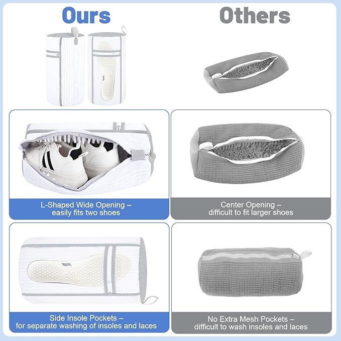 2 PCS Shoe Washing Machine Bag, Reusable L-shaped Zipper Laundry Shoe Bag for Washing Machine with Insoles Mesh Pocket for Washer and Dryer, Shoe Cleaning Bags for Sneaker Tennis Shoes