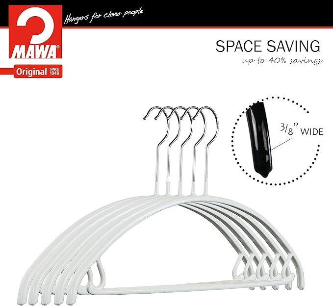 Mawa by Reston Lloyd Non Slip Metal Clothing Hanger, Smooth Shoulder Support with Skirk Hooks/Pant Bar, Model 42-U, White