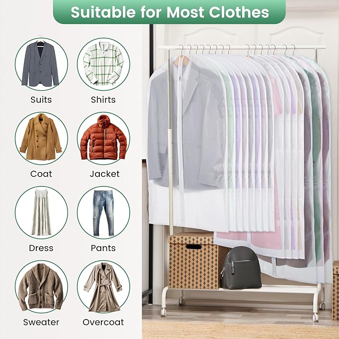 Translucent Garment Bags for Hanging Clothes - Frosted Clothes Storage Bags for Suits, Dresses, Closet Storage - 10 Pack