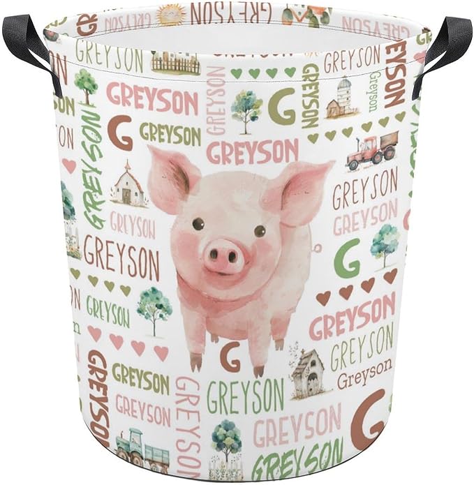 Pig Laundry Basket,Custom Laundry Hamper with Name,Personalized Pig Gifts for Boys Girls,Customize Collapsible Laundry Basket for Bedroom Bathroom,S-16.5"x 13.8"