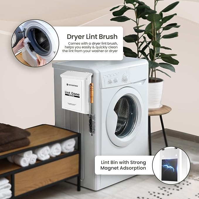 COZYCOTTAGE Magnetic Lint Bin for Laundry Room with Dryer Lint Brush - Slim Wall Mounted Trash Can with Lid - Modern Farmhouse Storage Organizer & Debris Collector - Space-Saving White Metal Holder