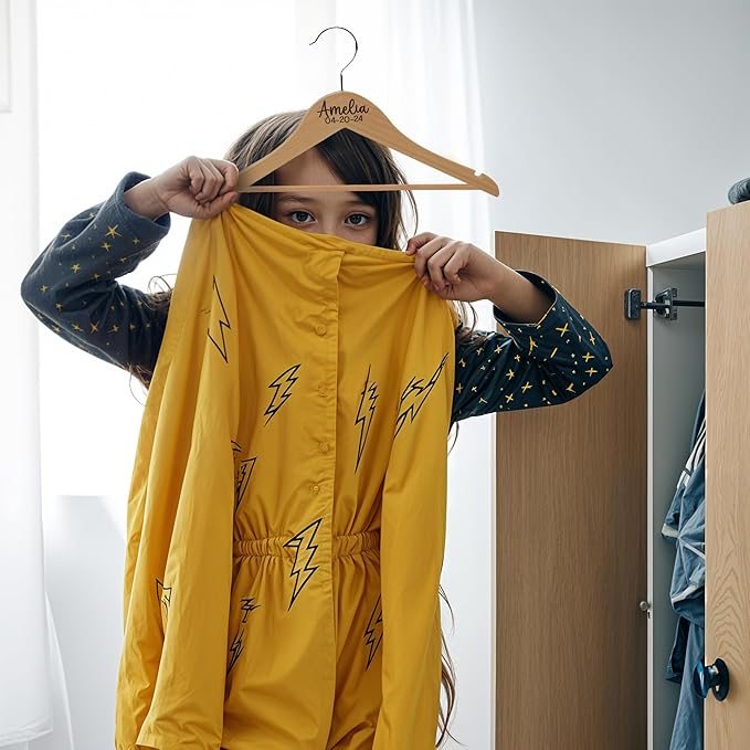 Personalized Baby Hangers with Name, Engraved Kids Hanger with Pants Bar for Children & Toddler Shirt Coat Holder with 360° Rotatable Hook, Closet Wardrobe for Children, Non Slip Hangers Gift- 2 Pack