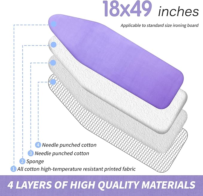 BNDX Heat-Resistant Ironing Board Cover and Pad 18" x 49" – Eco-Friendly Material, Durable Elastic Edge for College Students, Busy Moms, Apartments, Dorm Rooms – Royal Amethyst