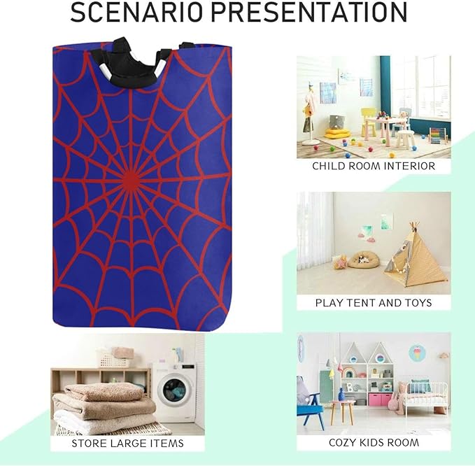 CaTaKu Blue Spider Web Baby Laundry Baskets Collapsible, Large Tall Clothes Hampers for Kids Laundry Room Organizer Foldable Storage Bins with Handles