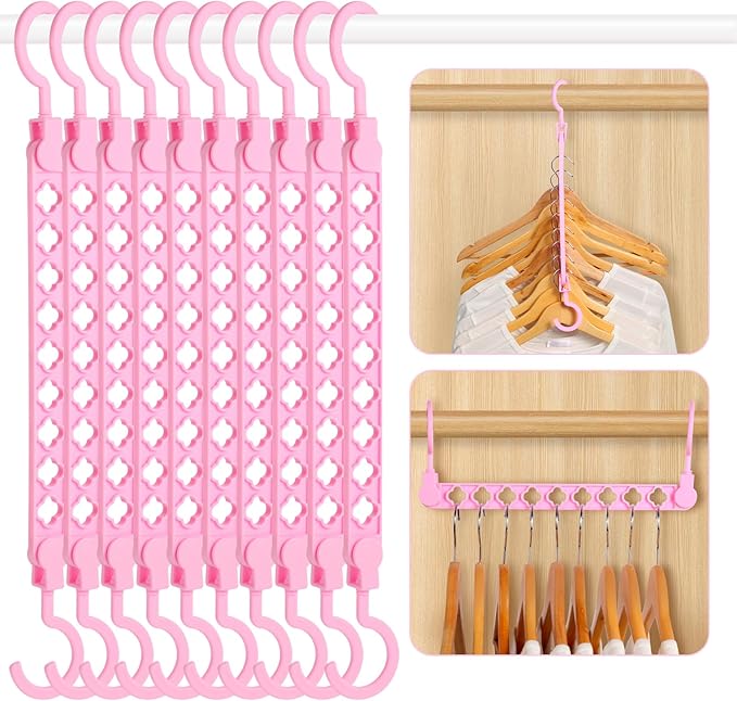 SLMT Magic Hangers Connectors 10 Pack Space Saving Closet Organizers College Dorm Room Essentials Space Saver Cascading Hangers with 9 Holes (Pink)